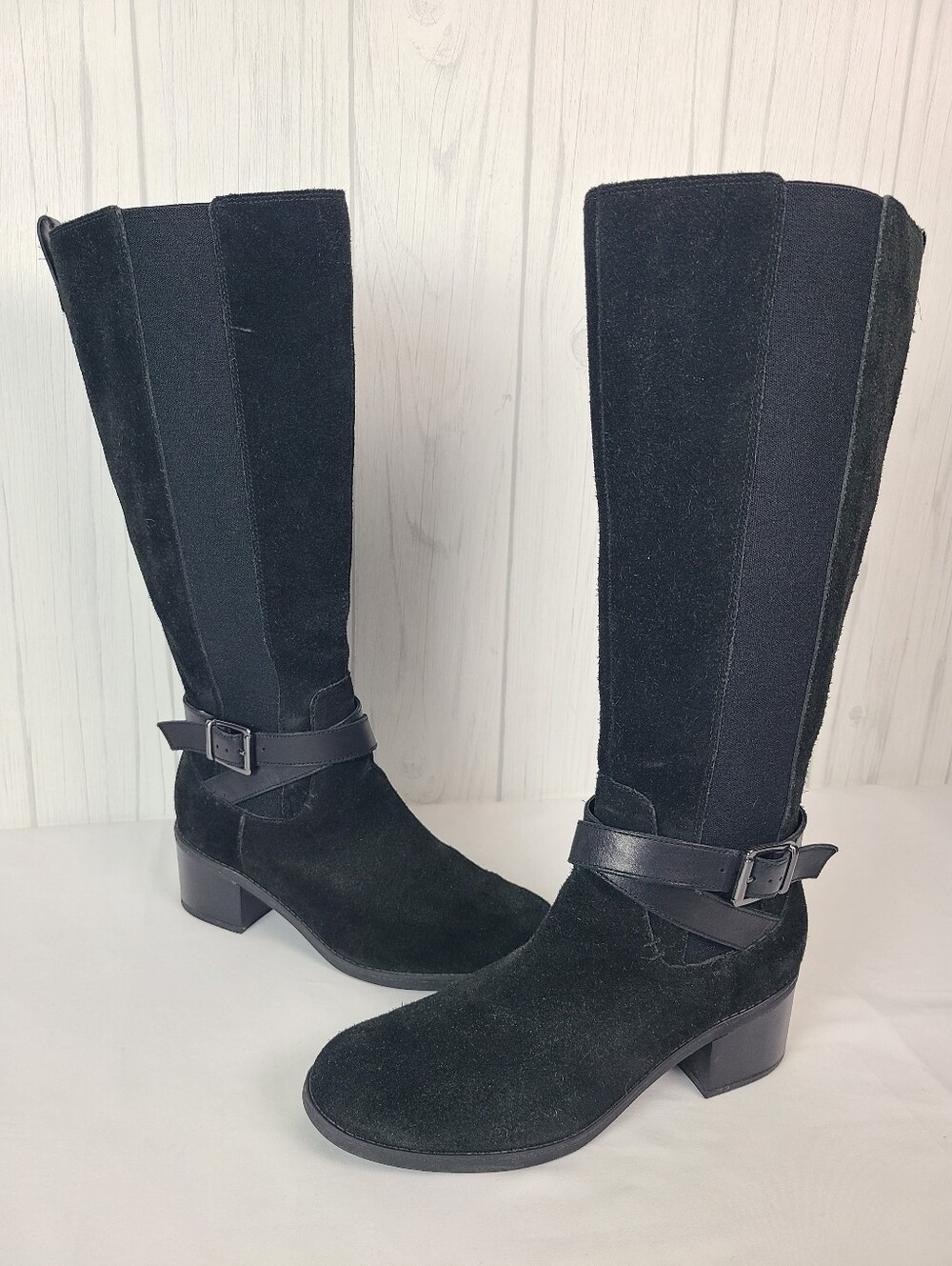 Clark's Collection Black Suede Knee-High Boots with Buckle Strap